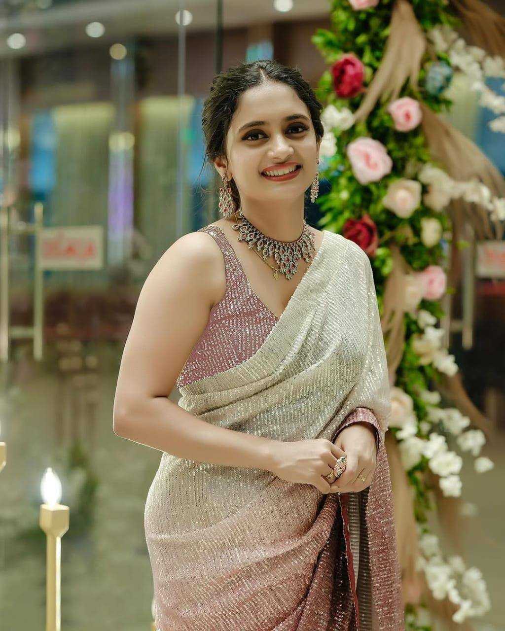 Rose Gold Georgette Sequin Embroidered Saree – Designer Party Wear Saree with Heavy Mono Banglori Blouse