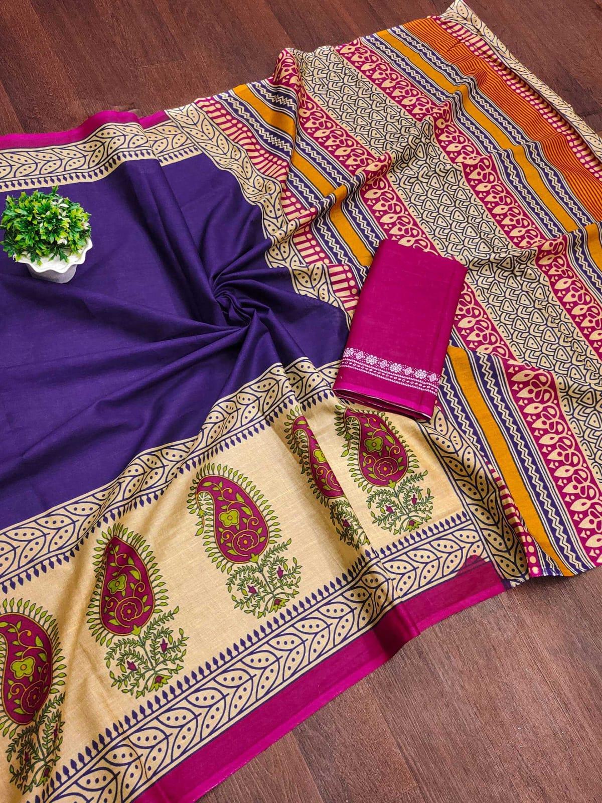 Blue Pure Cotton Ajrakh Hand Block Print Saree with Blouse – Traditional Artisan Collection - House of ViDi