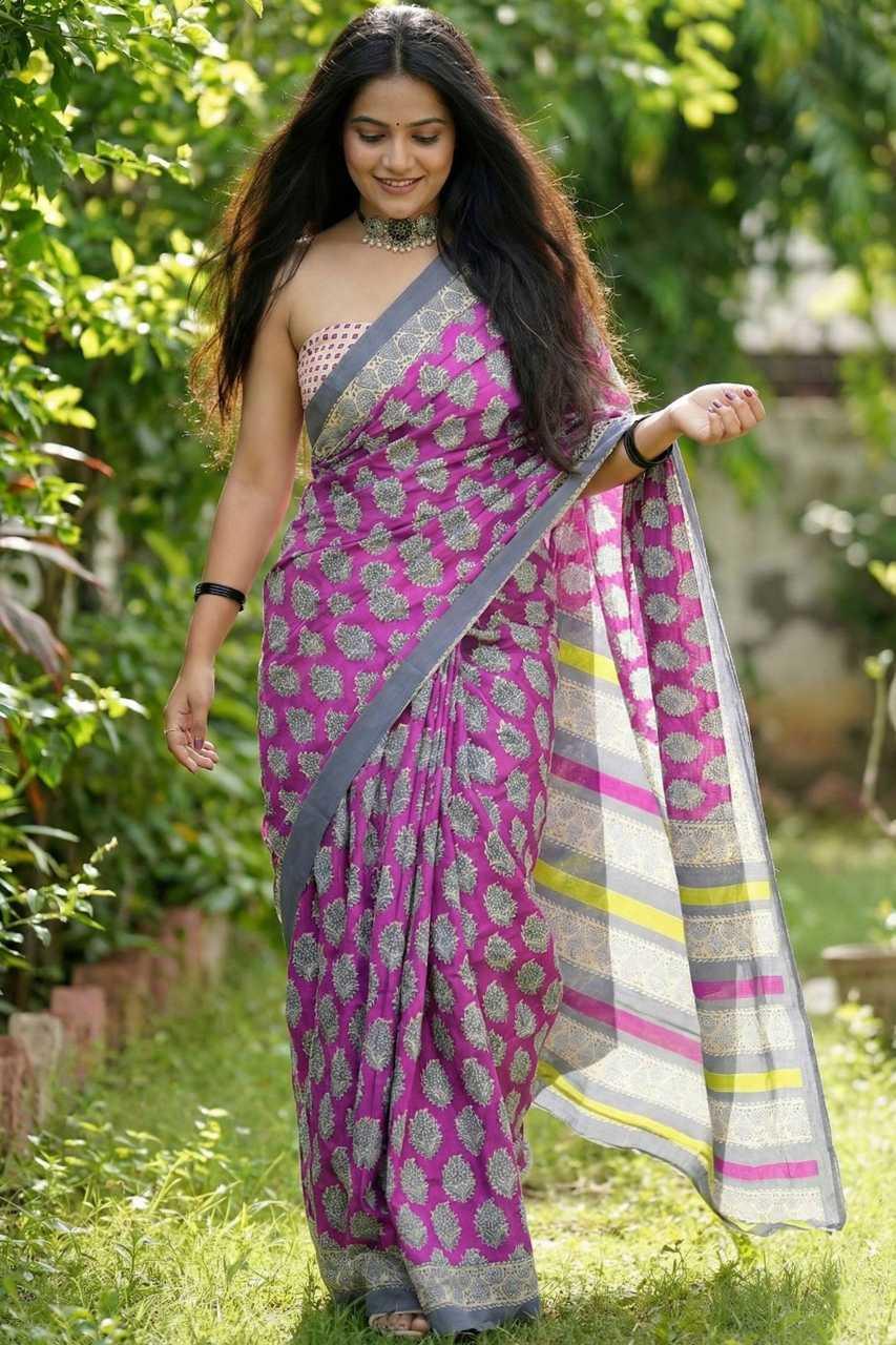Onion Premium Ajrakh Bagru Block Print Cotton Mulmul Saree with Printed Blouse - House of ViDi