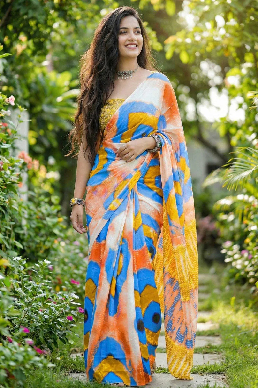 Blue Ajrakh Bagru Block Print Mulmul Cotton Saree with Printed Blouse - House of ViDi