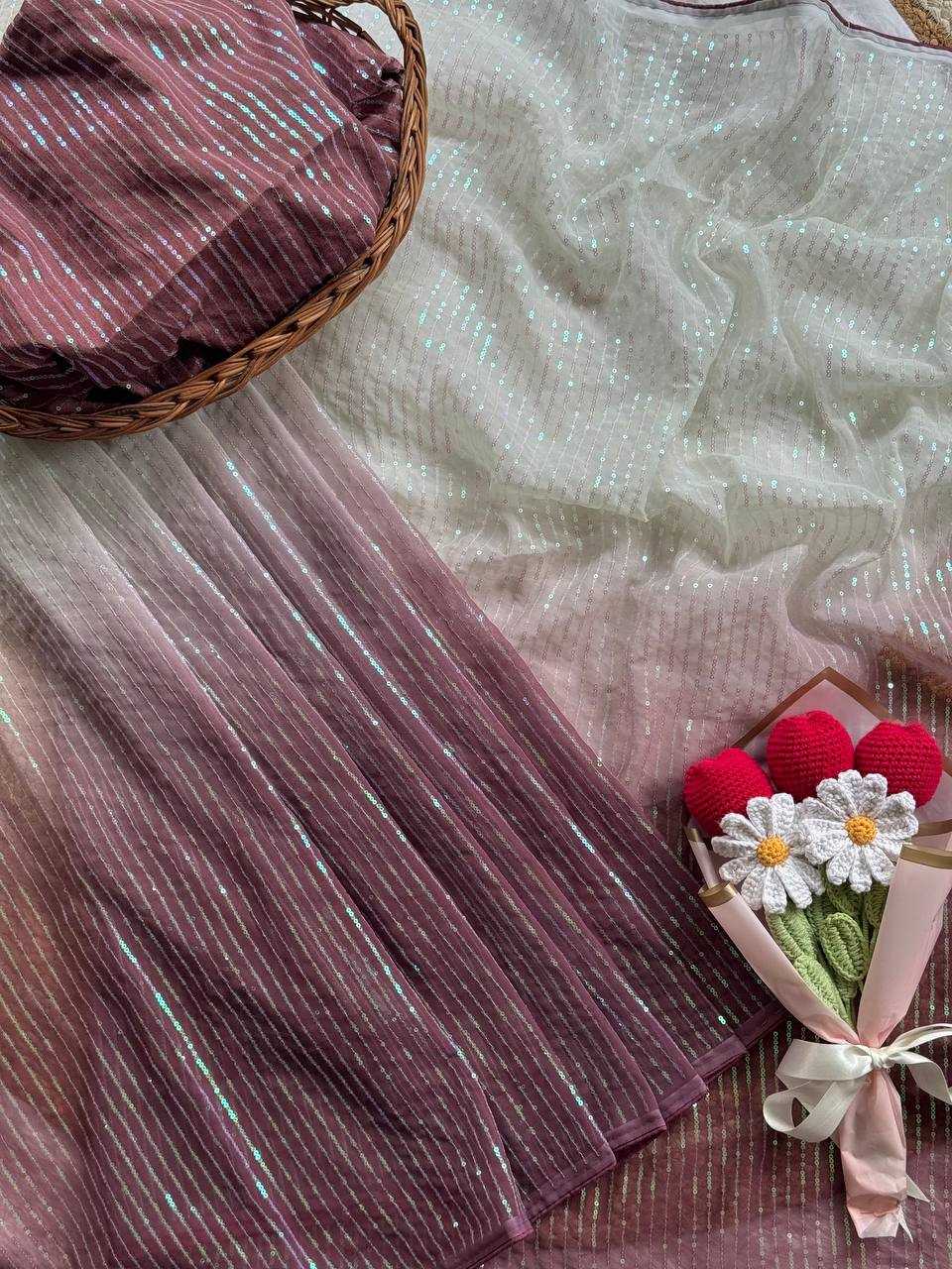 Rose Gold Georgette Sequin Embroidered Saree – Designer Party Wear Saree with Heavy Mono Banglori Blouse