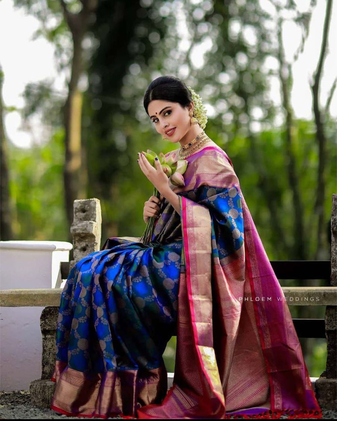 Navy Blue Soft Lichi Silk Saree with Golden Zari Weaving – Jacquard Designer Blouse | Wedding & Festive Wear - House of ViDi