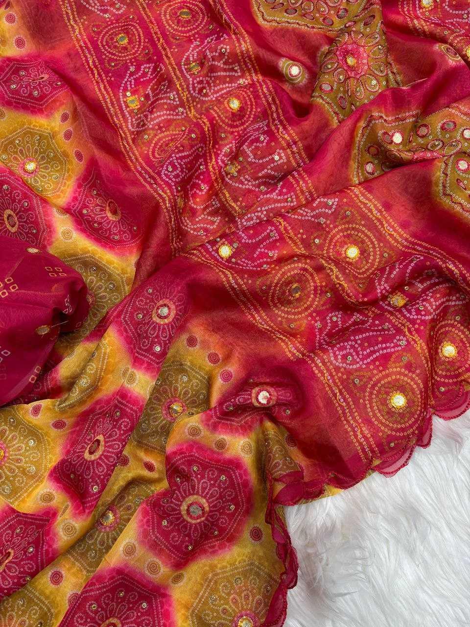Designer Tabby Silk Digital Print Saree with Gota Handwork & Cutwork Border - House of ViDi