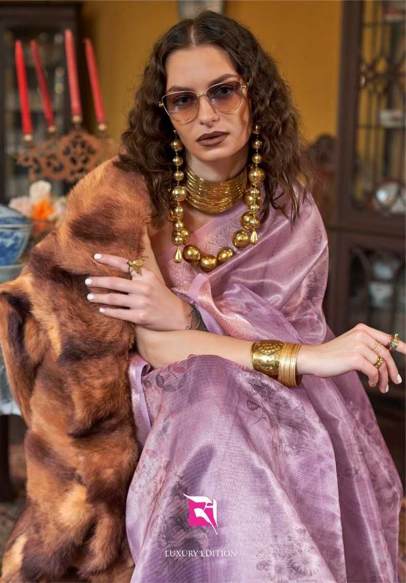 Purple Banarasi Weave Organza Saree with Digital Print – Designer Fancy Silk Saree for Weddings & Parties