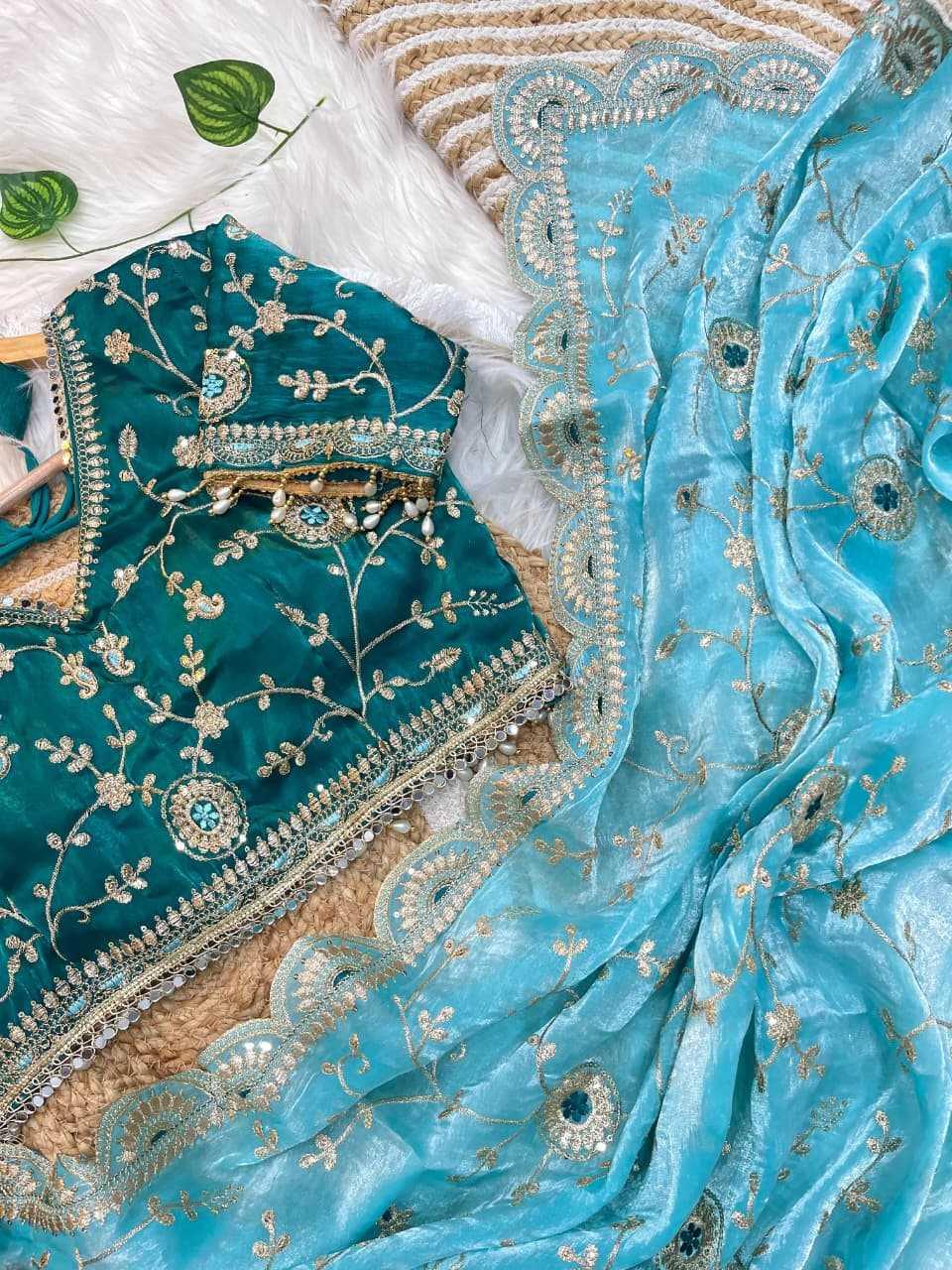 Blue Designer Party Wear Fendy Satin Saree with Heavy Sequin Embroidery & Stitched Blouse - House of ViDi