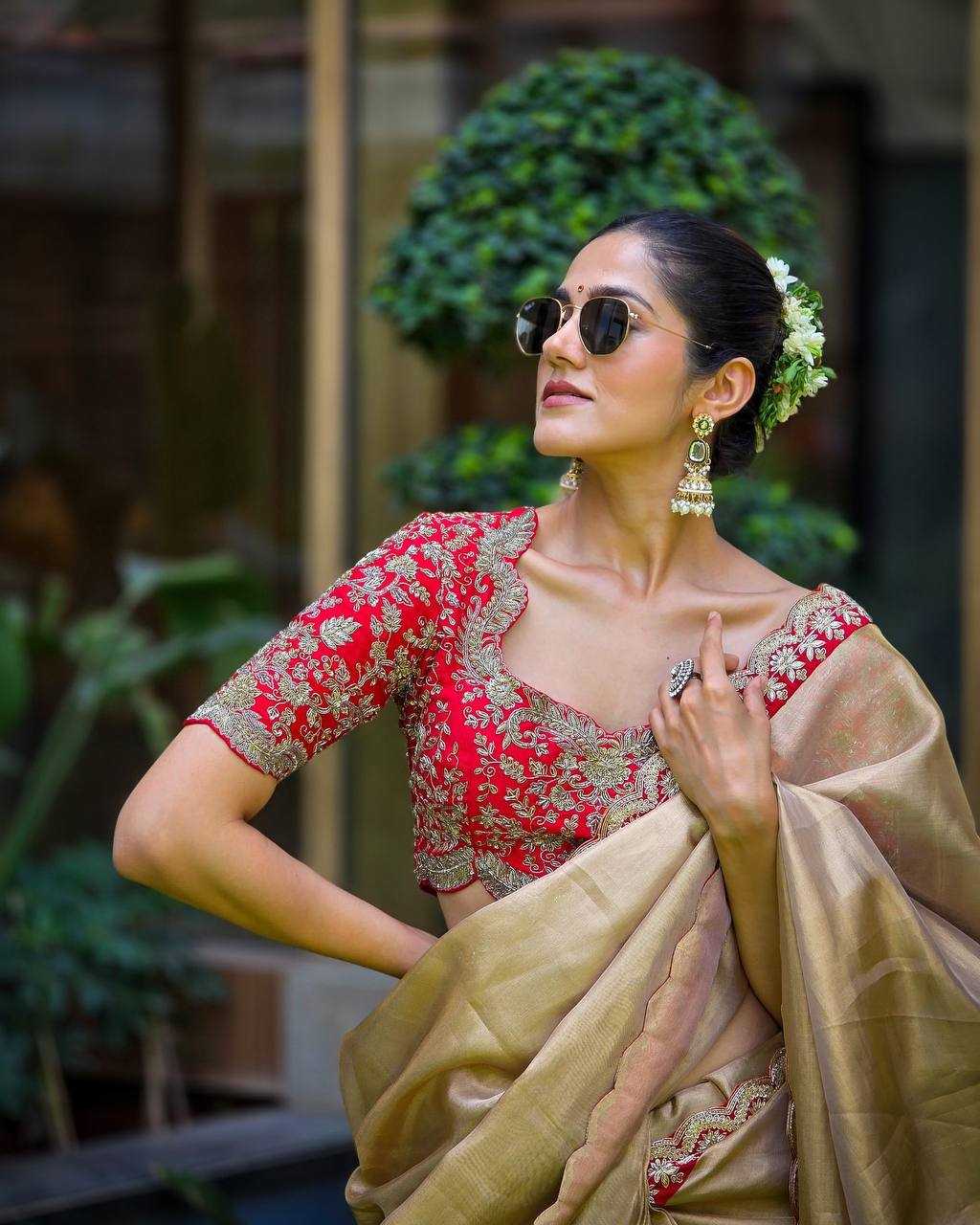 Premium Zoya Gold Tissue Saree – Sequin & Cording Embroidery with Heavy Banglori Blouse - House of ViDi