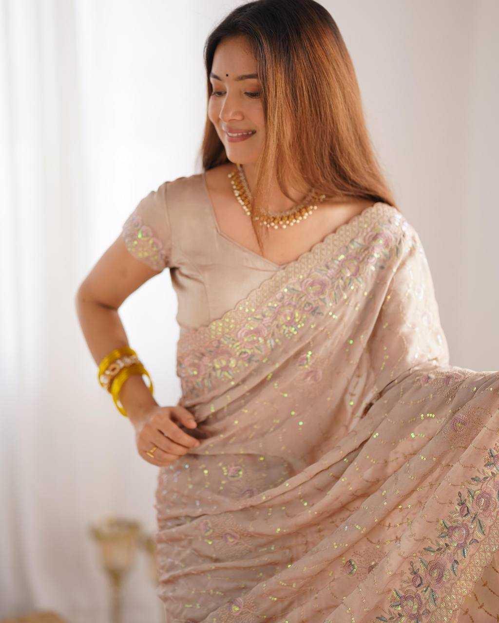 Beige Silky Crush Saree with Multicolor Sequins & Diamond Work - House of ViDi