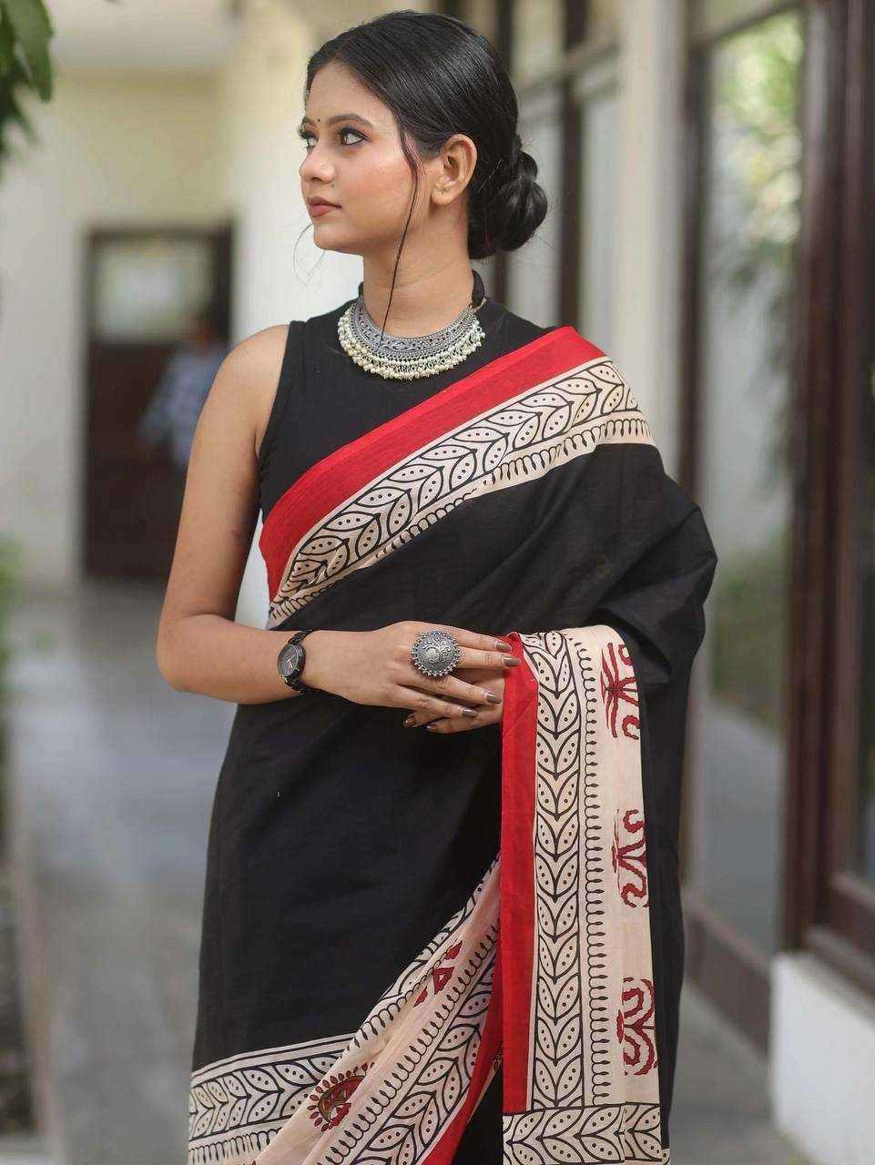 Soft Cotton Ajrakh Block Print Saree – Pure Handloom Style with Unstitched Blouse - House of ViDi