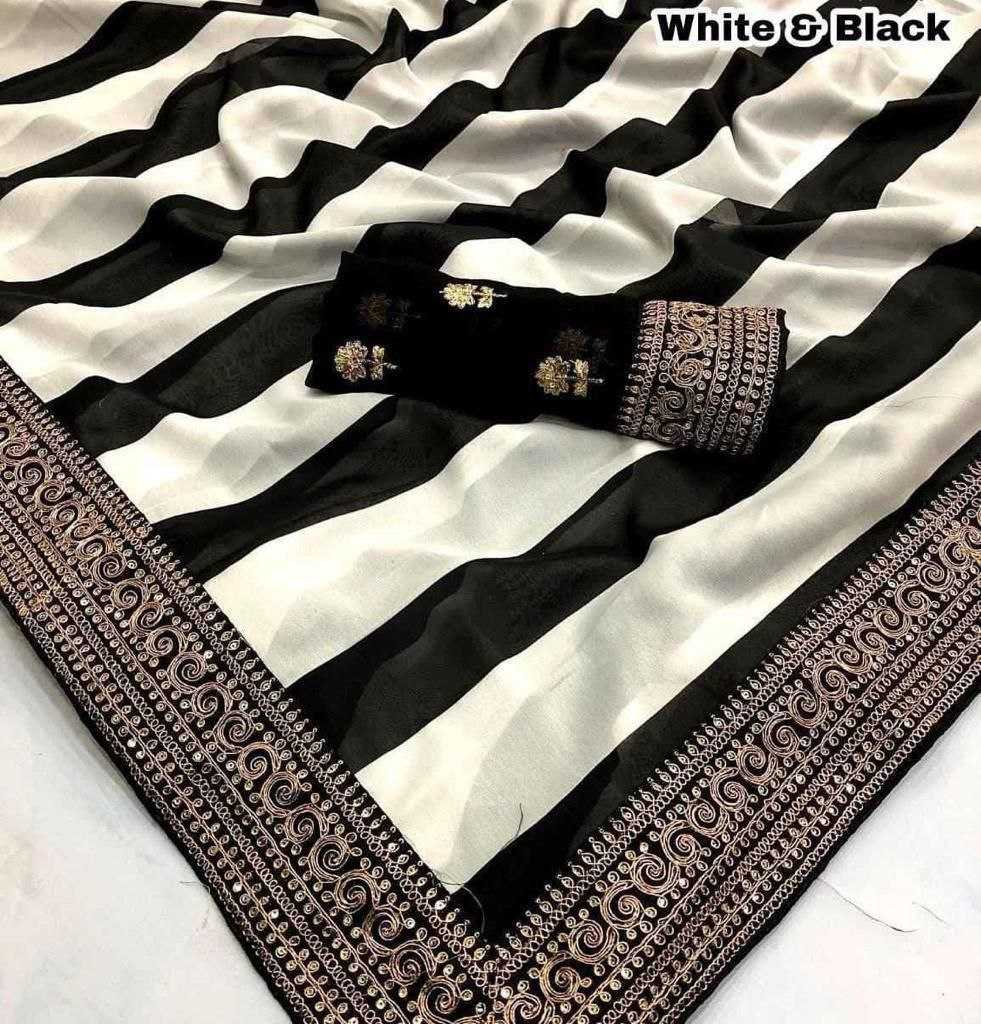 Parineeti Chopra Style Black & White Georgette Saree with Embroidery & Sequin Work – Designer Party Wear - House of ViDi
