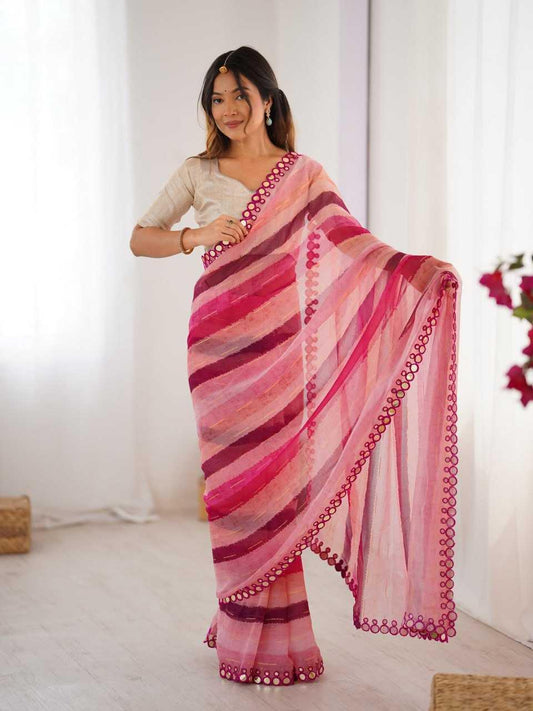 Pink Marble Chiffon Lehriya Saree with Zari & Mirror Border - House of ViDi