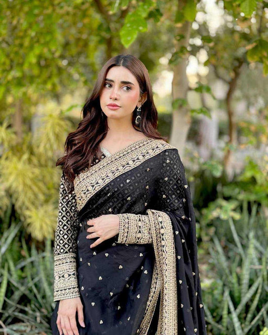 Black Tabby Silk Saree with Sequins & Thread Work - House of ViDi
