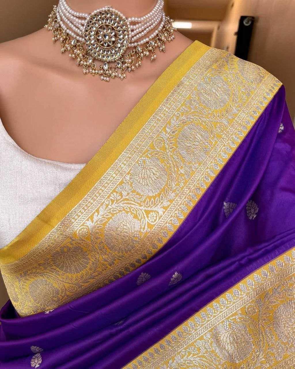 Purple Pure Soft Banarasi Silk Saree with Mina Work, Butti Weaving & Rich Contrast Border | Designer Party Wear Saree - House of ViDi