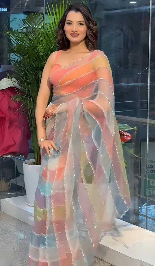 Tabby Silk Saree with Designer Print & Zarkhan Work - House of ViDi