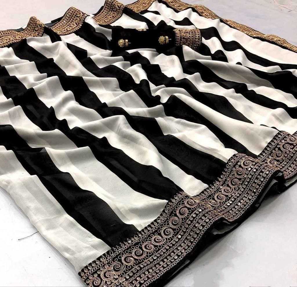 Parineeti Chopra Style Black & White Georgette Saree with Embroidery & Sequin Work – Designer Party Wear - House of ViDi