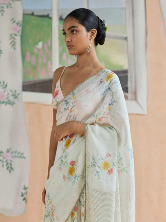 Mint Green Premium Linen Digital Print Designer Saree with Matching Blouse - House of ViDi