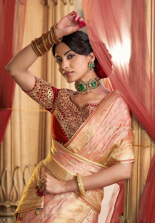 Peach Pure Satin Designer Saree with Lace Border & Heavy Embroidered Contrast Blouse | Party & Traditional Wear - House of ViDi