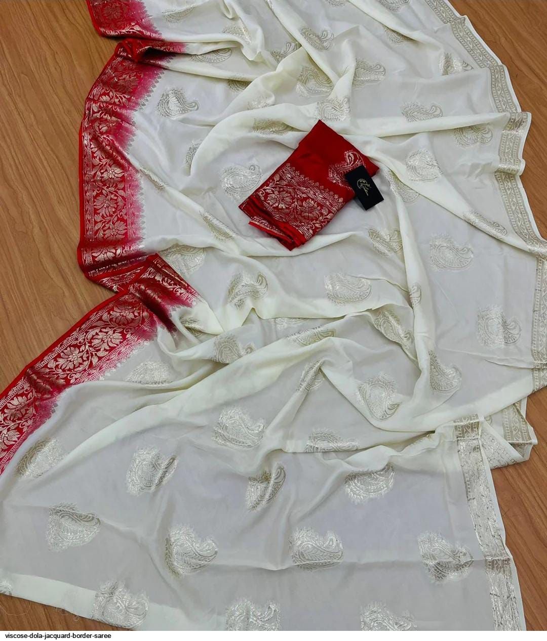 Russian Silk Jacquard Saree with Zari Weaving & Contrast Blouse – Festive Elegance - House of ViDi