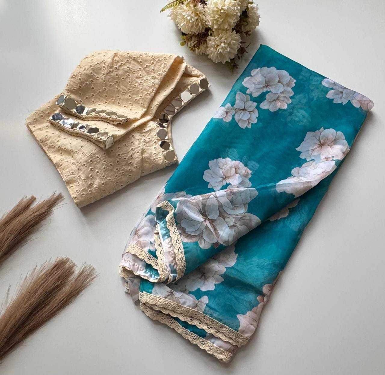 Soft Tebby Silk Digital Printed Saree with Lace Border & Chikankari Mirror Work Blouse – Elegant Everyday & Festive Wear - House of ViDi