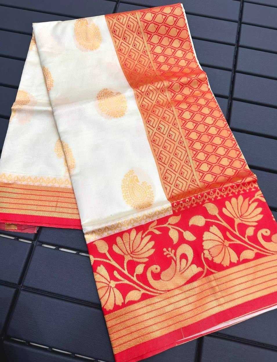Banarasi Soft Silk Saree with Rich Zari Weaving – White & Red Durga Puja Elegance - House of ViDi