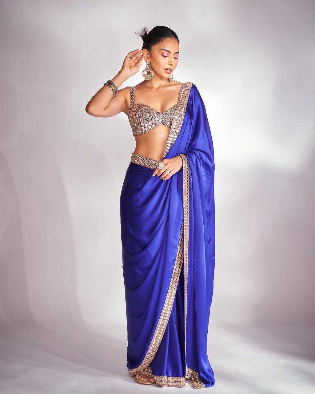 Rakul Preet Inspired Blue Satin Silk Mirror Work Saree – Designer Party Wear Saree with Embroidered Mirror Blouse