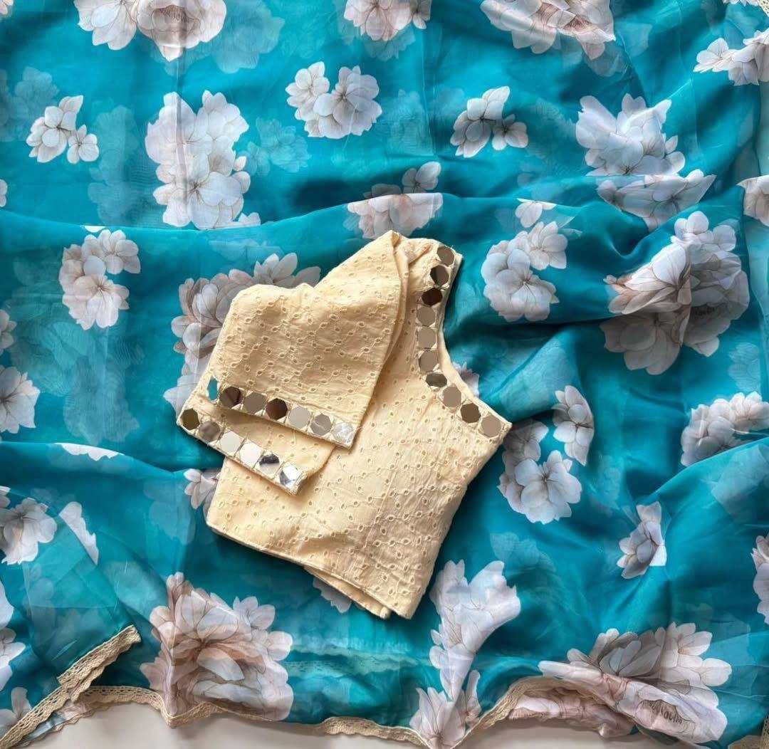 Soft Tebby Silk Digital Printed Saree with Lace Border & Chikankari Mirror Work Blouse – Elegant Everyday & Festive Wear - House of ViDi