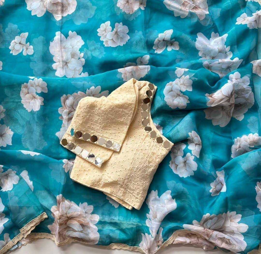 Aqua Blue Tebby Silk Digital Print Saree with Lace Border - House of ViDi