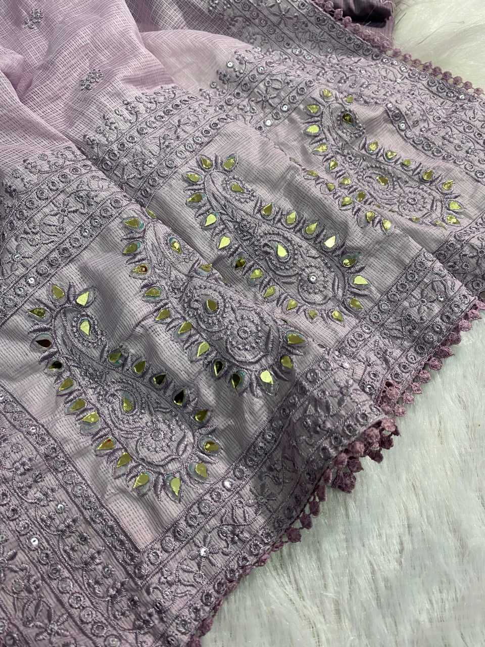 Lilac Kota Silk Saree with Sequin & Mirror Embroidery – Fancy Lace Border & Banglori Blouse - House of ViDi