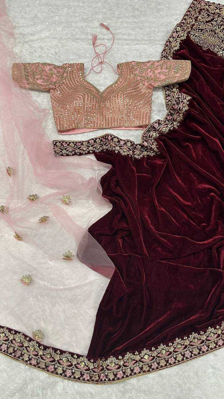 Designer Velvet & Net Saree with Sequins, Thread & Dori Work – Maroon & Nude Contrast