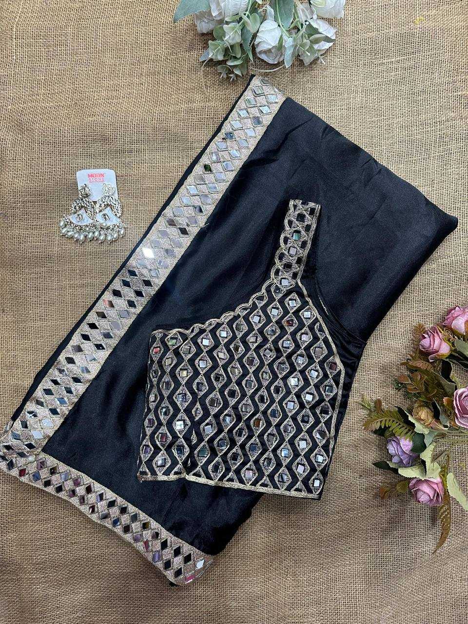 Black Satin Silk Mirror Work Saree – Designer Party Wear Saree with Embroidered Mirror Blouse