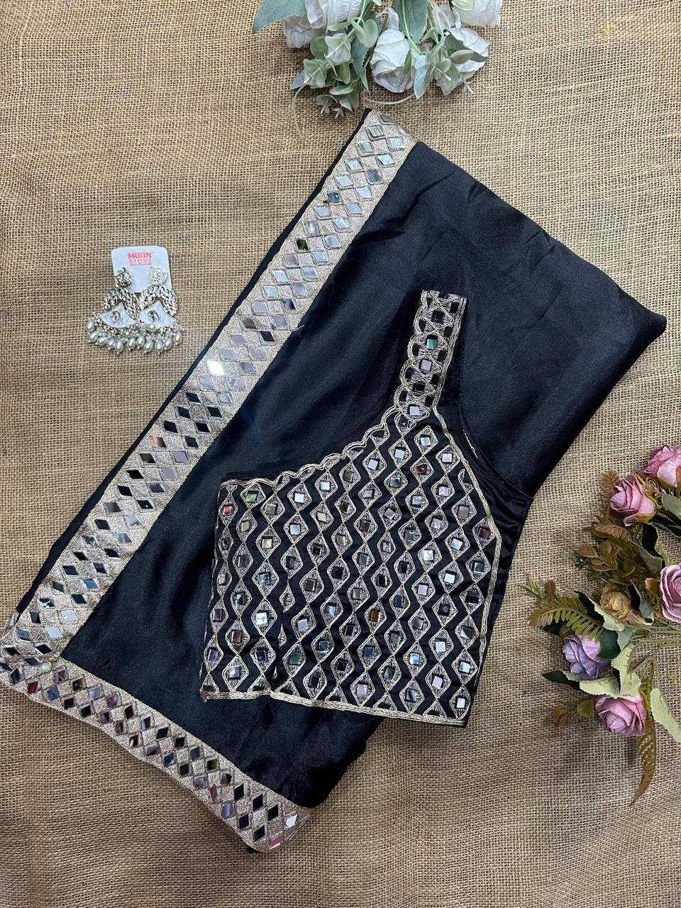Black Satin Silk Mirror Work Saree – Designer Party Wear Saree with Embroidered Mirror Blouse - House of ViDi