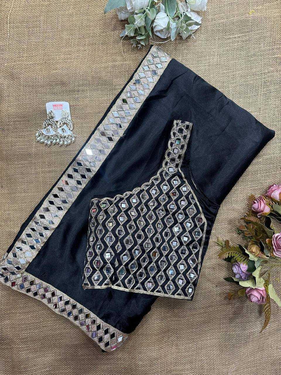 Black Satin Silk Mirror Work Saree – Designer Party Wear Saree with Embroidered Mirror Blouse - House of ViDi