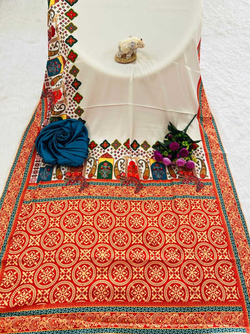 Anjali Arora Inspired Gajji Silk Ajrakh Saree with Rich Pallu & Contrast Blouse - House of ViDi
