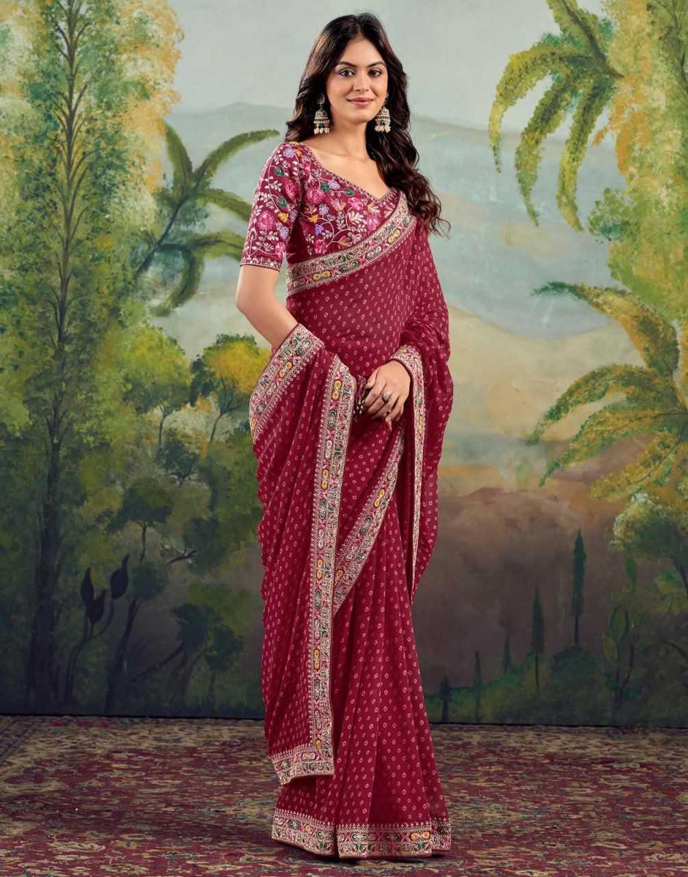 Maroon Printed Georgette Saree with Embroidery Lace Border & Designer Blouse - House of ViDi