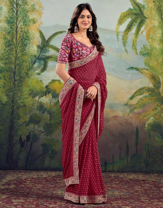 Maroon Printed Georgette Saree with Embroidery Lace Border & Designer Blouse - House of ViDi