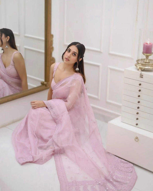 Soft Pink Kota Chex Saree with Sequins & Thread Embroidery - House of ViDi