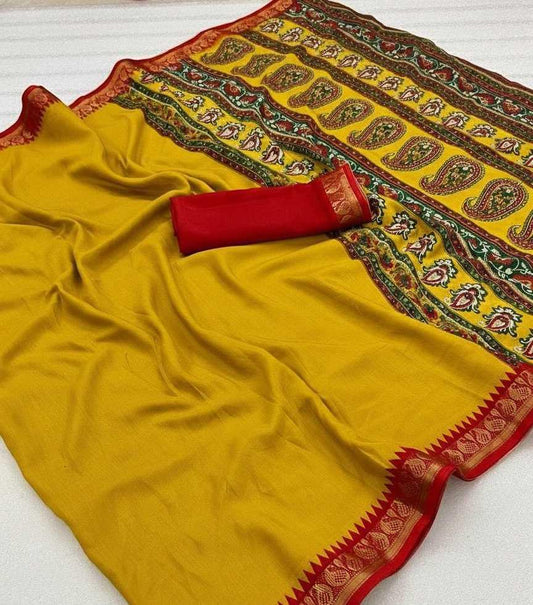 Red Dola Silk Kalamkari Inspired Designer Saree with Zari Woven Blouse - House of ViDi