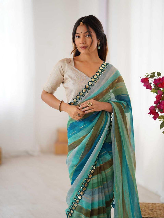 Sky Blue Heavy Marble Chiffon Lehriya Print Saree with Zari & Mirror Border – Elegant Festive & Party Wear Saree - House of ViDi