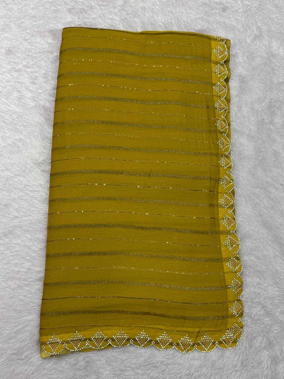 Yellow Fancy Dull Moss Crochet Work Saree with Cutwork Moti Border - House of ViDi