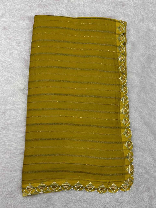 Yellow Fancy Dull Moss Crochet Work Saree with Cutwork Moti Border - House of ViDi
