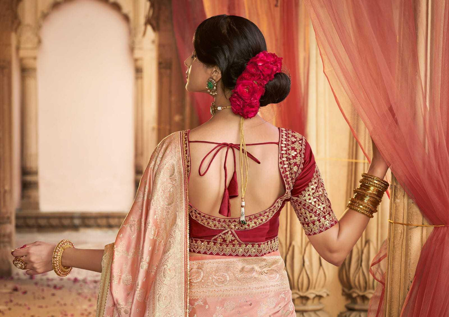 Peach Pure Satin Designer Saree with Lace Border & Heavy Embroidered Contrast Blouse | Party & Traditional Wear - House of ViDi