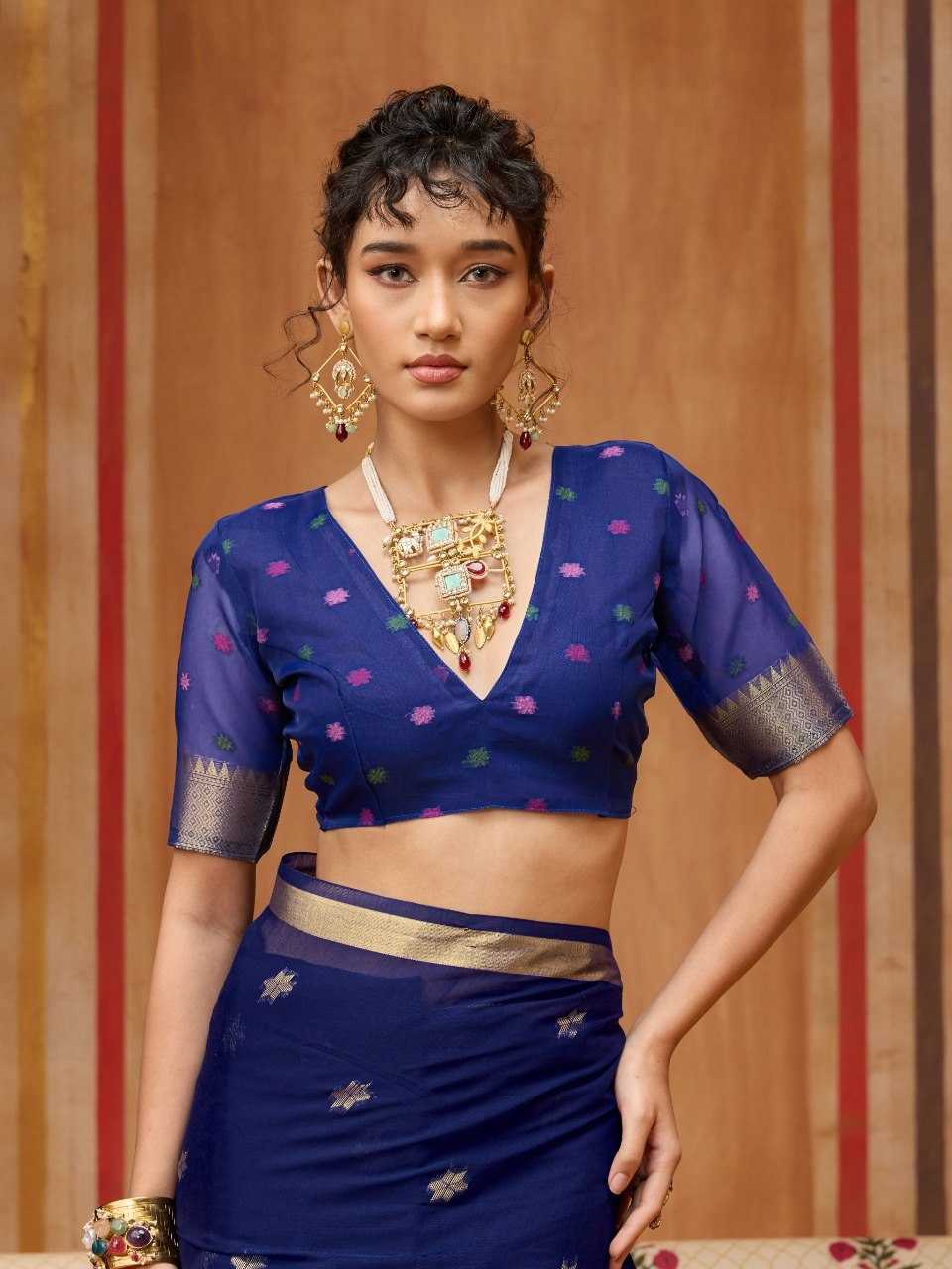 Blue Handloom Silk Saree with Organza Pallu & Woven Design - House of ViDi