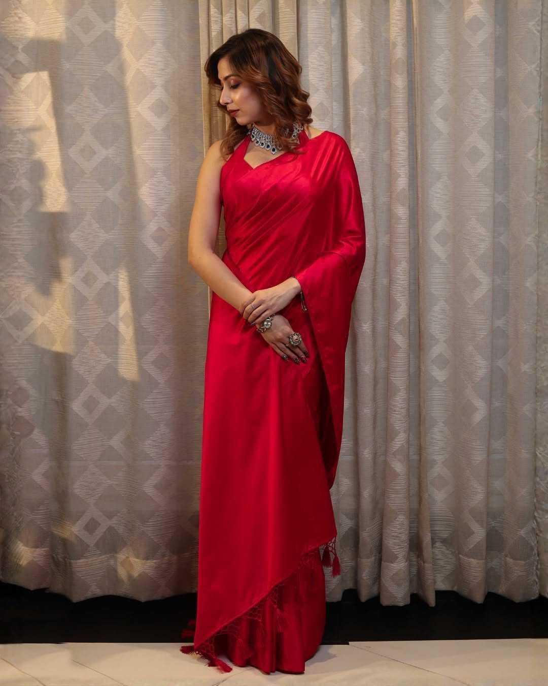 Red Premium Party Wear Crepe Silk Saree with Matching Blouse - House of ViDi