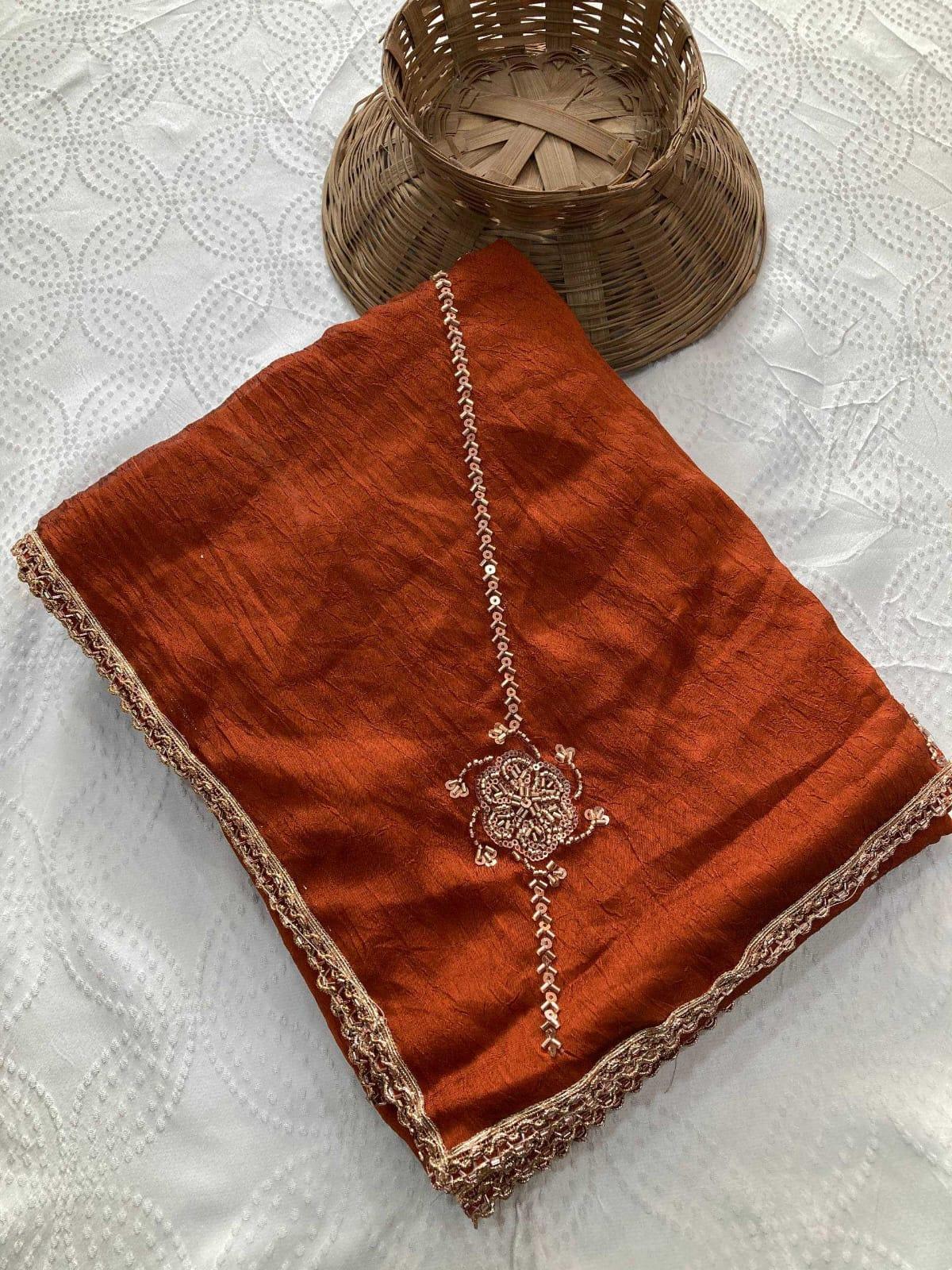 Coffee Brown Crush Silk Saree with Beads Embroidery - House of ViDi