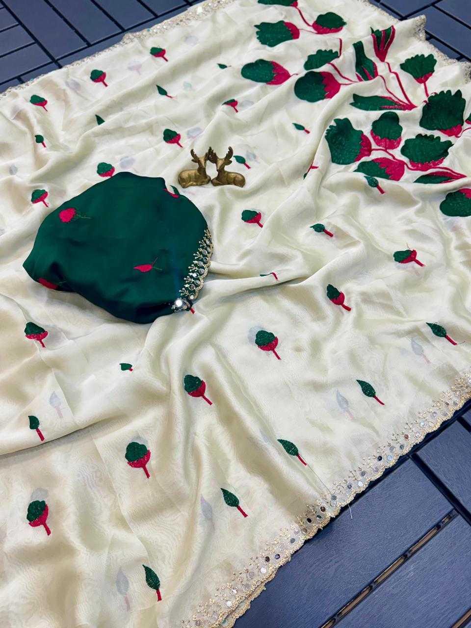 Green Rangoli Silk Saree with Mirror Work & Cutwork Border - House of ViDi