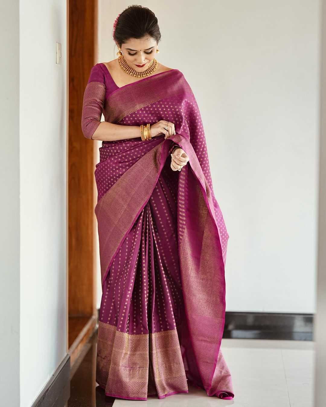 Purple Banarasi Soft Silk Saree with Copper Zari – Unstitched Jacquard Blouse - House of ViDi