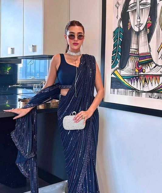 Navy Blue Georgette Saree with Sequins & Dori Embroidery - House of ViDi