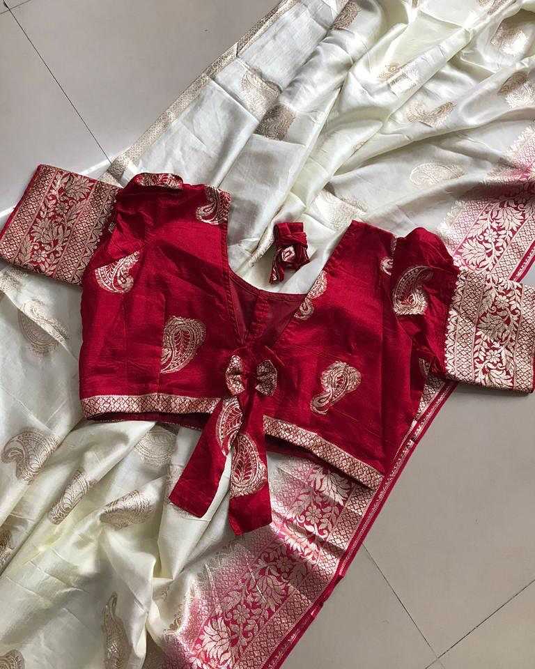Russian Silk Jacquard Saree with Zari Weaving & Contrast Blouse – Festive Elegance - House of ViDi
