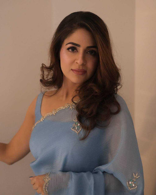 Blue Pixel Crush Saree with Katdana & Diamond Work - House of ViDi