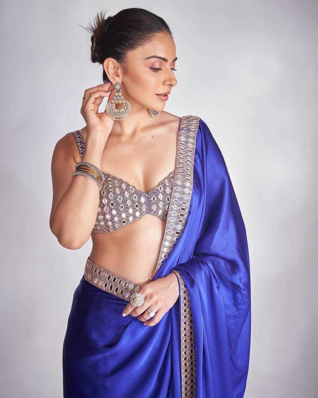 Rakul Preet Inspired Blue Satin Silk Mirror Work Saree – Designer Party Wear Saree with Embroidered Mirror Blouse