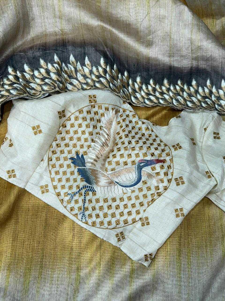Gold Flamingo Embroidered Tussar Silk Designer Saree with Digital Print & Thread Work Blouse | House of ViDi - House of ViDi